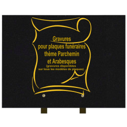 PLAQUE FUNÉRAIRE 30X40 THÈME PARCHEMINS ARABESQUES GRANIT SUR PIEDS