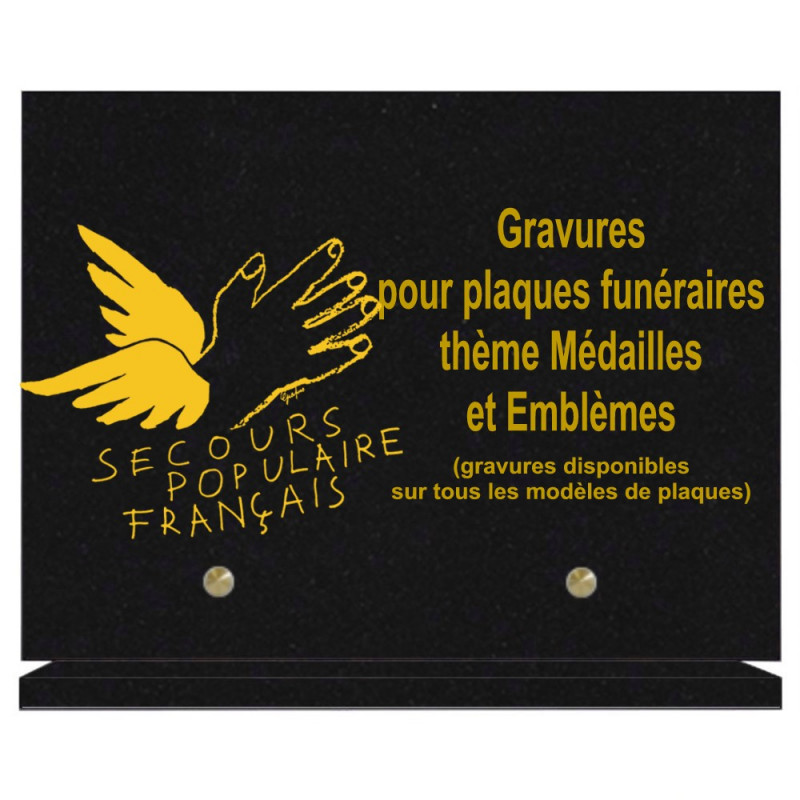 PLAQUE FUNÉRAIRE 20X30 MÉDAILLES ET EMBLÈMES GRANIT SUR SOCLE