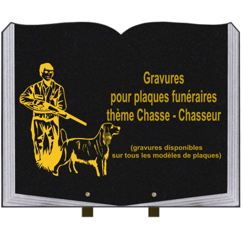 PLAQUE FUNÉRAIRE 35X45 LIVRE SUR PIEDS GRANIT CHASSEURS