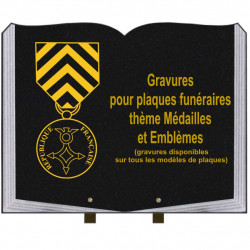 PLAQUE FUNÉRAIRE 35X45 LIVRE SUR PIEDS GRANIT MÉDAILLES ET EMBLÈMES