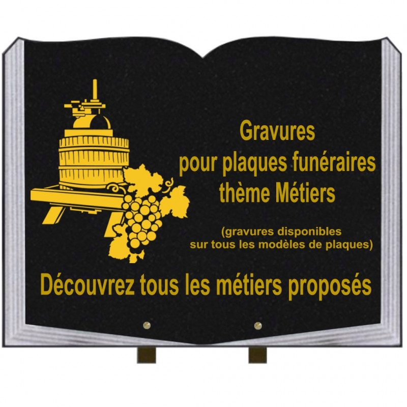 PLAQUE FUNÉRAIRE 35X45 LIVRE SUR PIEDS GRANIT MÉTIERS