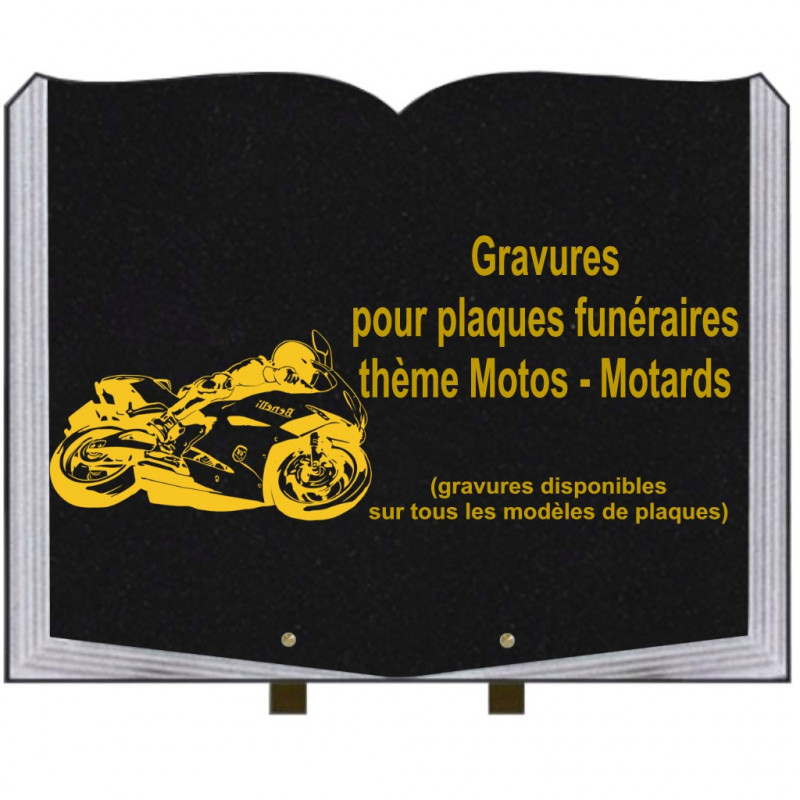 PLAQUE FUNÉRAIRE 35X45 LIVRE SUR PIEDS GRANIT MOTOS MOTARDS