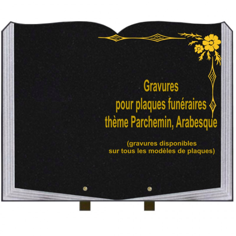 PLAQUE FUNÉRAIRE 35X45 LIVRE SUR PIEDS GRANIT PARCHEMINS ARABESQUES