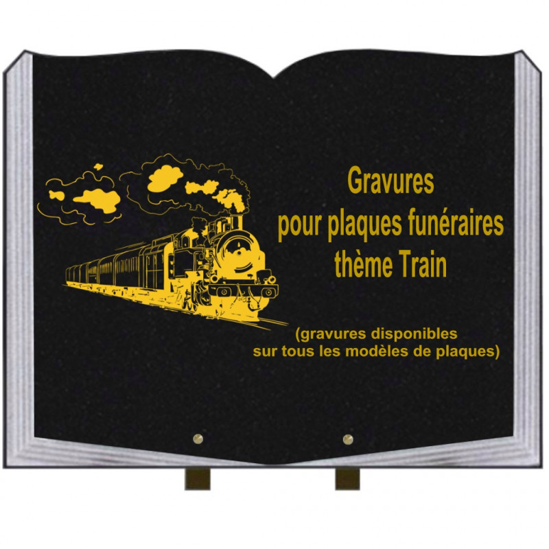 PLAQUE FUNÉRAIRE 35X45 LIVRE SUR PIEDS GRANIT TRAINS