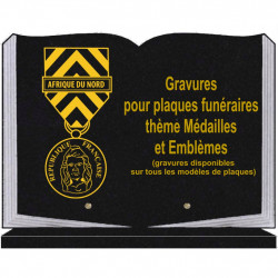 PLAQUE FUNÉRAIRE 25X35 LIVRE SOCLE MÉDAILLES ET EMBLÈMES