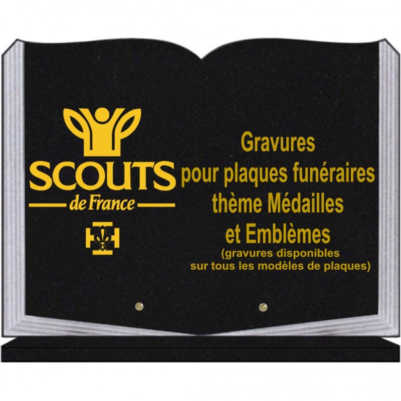 PLAQUE FUNÉRAIRE 30X40 LIVRE SUR SOCLE GRANIT MÉDAILLES ET EMBLÈMES