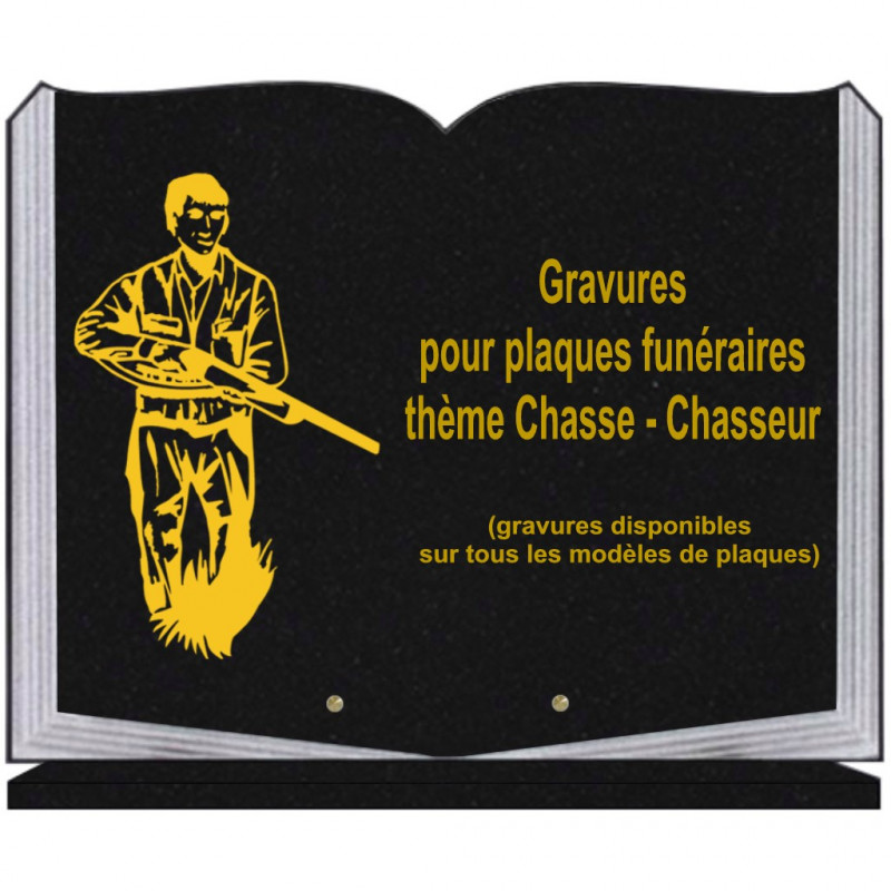 PLAQUE FUNÉRAIRE 35X45 LIVRE SUR SOCLE GRAVURE CHASSE CHASSEURS