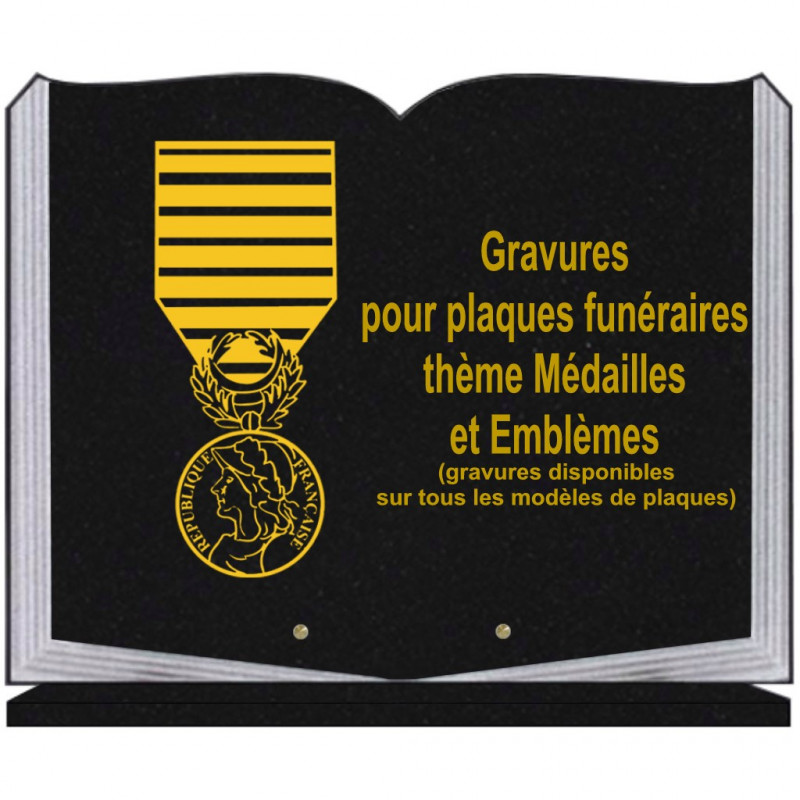 PLAQUE FUNÉRAIRE 35X45 LIVRE SUR SOCLE GRAVURE MÉDAILLES ET EMBLÈMES