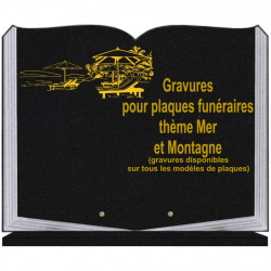 PLAQUE FUNÉRAIRE 35X45 LIVRE SUR SOCLE GRAVURE MER ET MONTAGNE