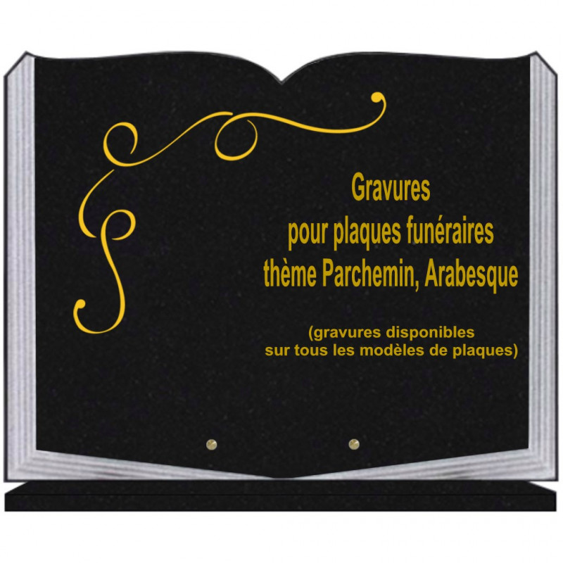 PLAQUE FUNÉRAIRE 35X45 LIVRE SUR SOCLE GRAVURE PARCHEMINS ET ARABESQUES