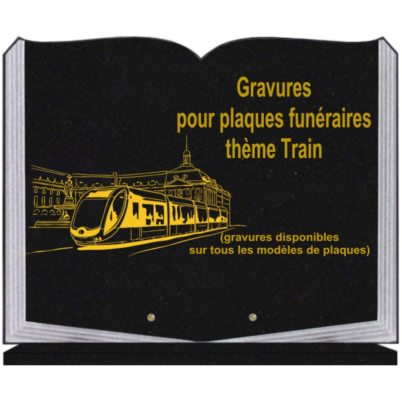 PLAQUE FUNÉRAIRE 35X45 LIVRE SUR SOCLE GRAVURE TRAINS