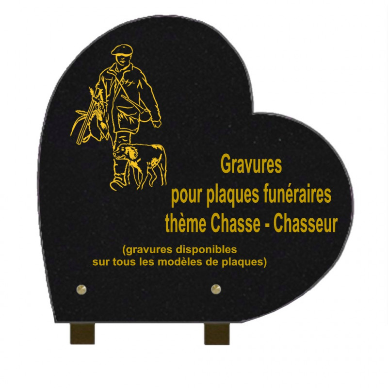 PLAQUE FUNÉRAIRE 30X30 COEUR GRANIT SUR PIEDS CHASSE CHASSEURS