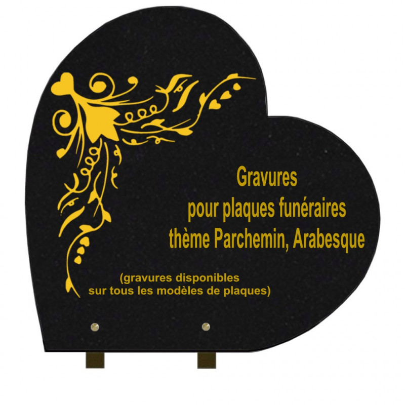 PLAQUE FUNÉRAIRE 40X40 COEUR GRANIT SUR PIEDS PARCHEMINS ET ARABESQUES