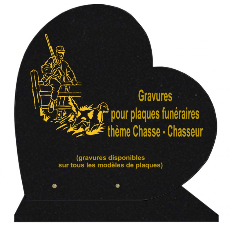 PLAQUE FUNÉRAIRE 40X40 COEUR GRANIT CHASSE CHASSEURS SUR SOCLE