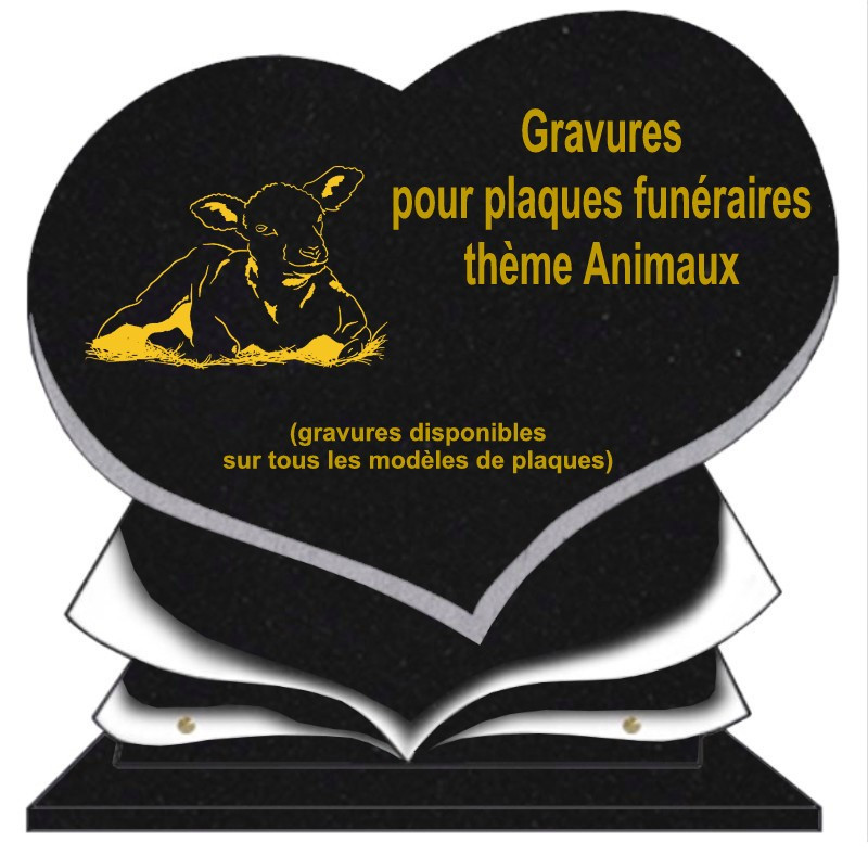 PLAQUE FUNÉRAIRE COEUR GRANIT ANIMAUX SUR SOCLE