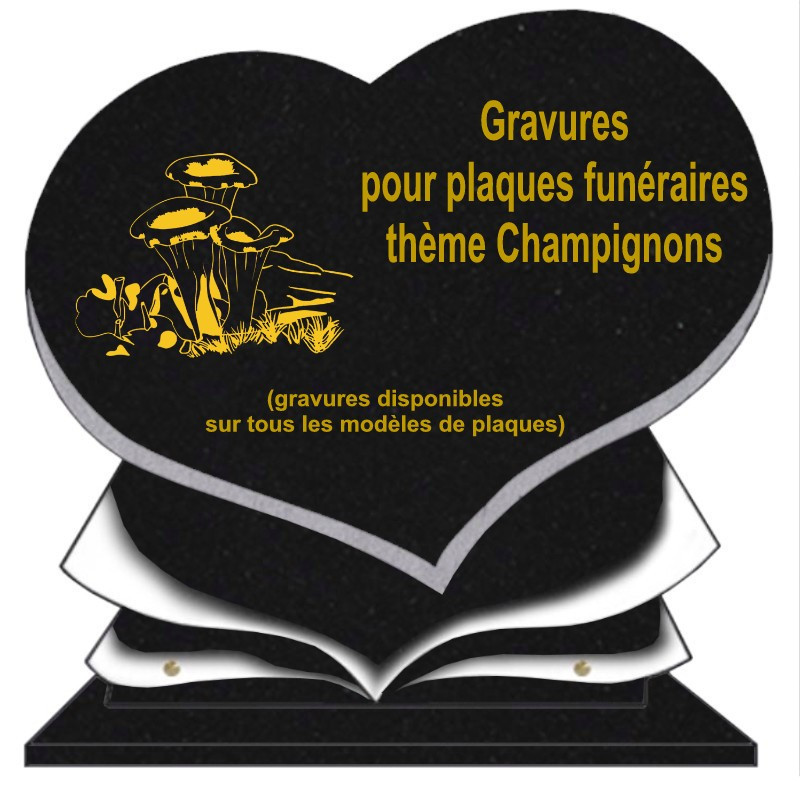 PLAQUE FUNÉRAIRE COEUR GRANIT CHAMPIGNONS SUR SOCLE