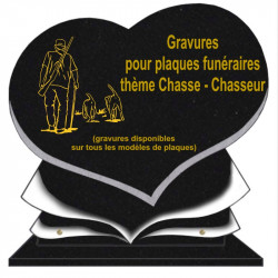 PLAQUE FUNÉRAIRE COEUR GRANIT CHASSE CHASSEURS SUR SOCLE