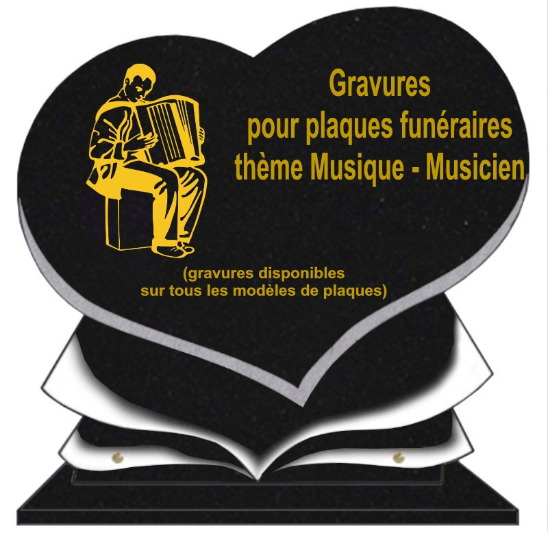 PLAQUE FUNÉRAIRE COEUR GRANIT MUSIQUE MUSICIENS SUR SOCLE