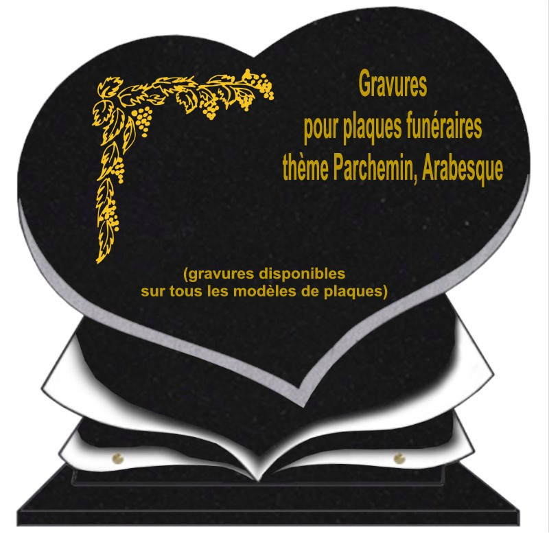 PLAQUE FUNÉRAIRE COEUR GRANIT PARCHEMINS ET ARABESQUES SUR SOCLE