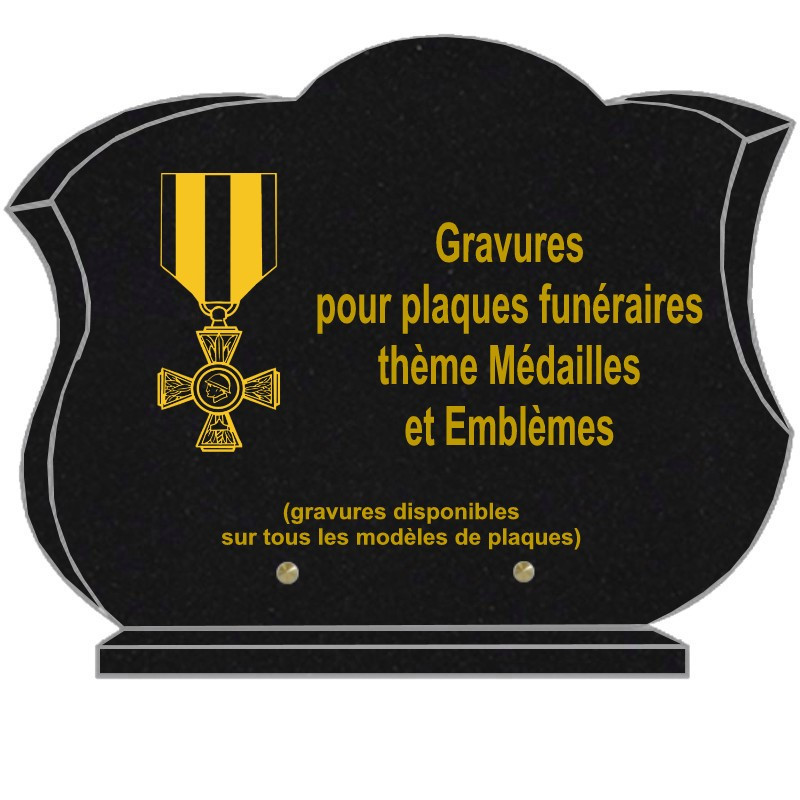 PLAQUE FUNÉRAIRE CHANFREINÉE GRANIT SUR SOCLE MÉDAILLES ET EMBLÈMES