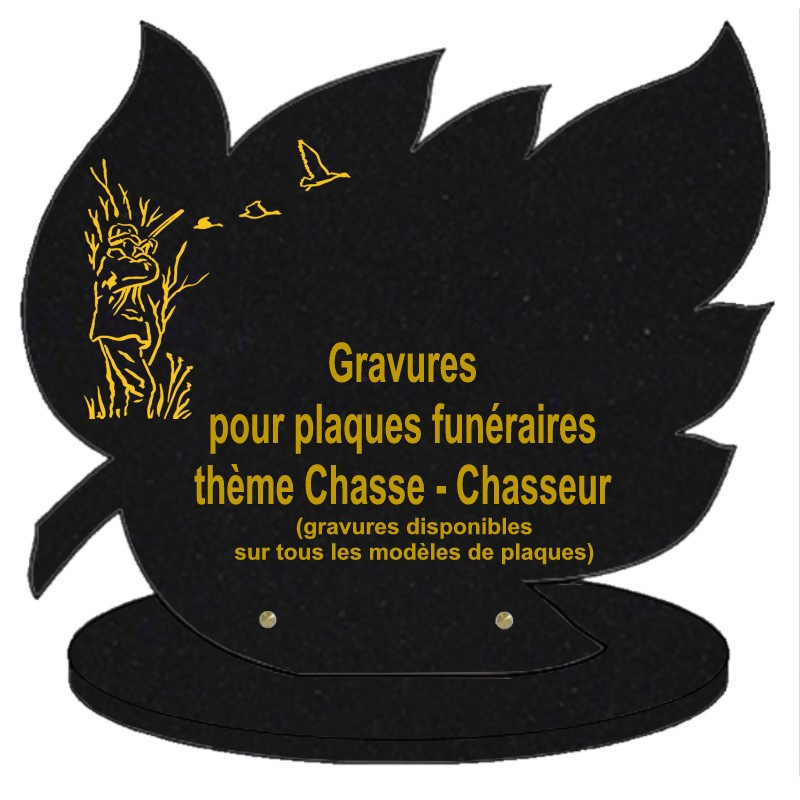 PLAQUE FUNÉRAIRE FEUILLE GRANIT SUR SOCLE CHASSE CHASSEURS