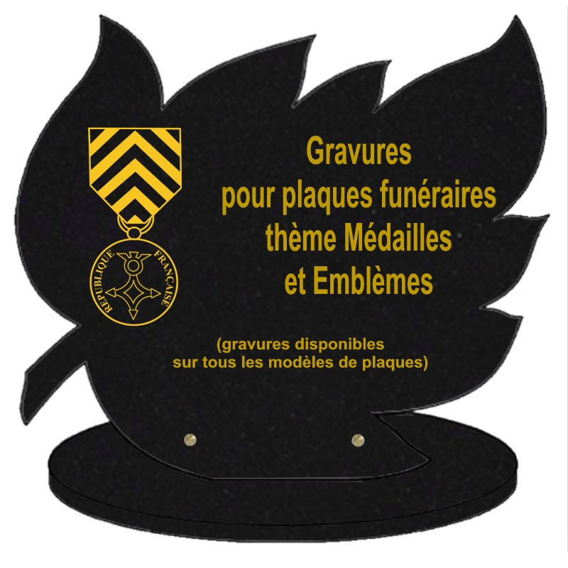 PLAQUE FUNÉRAIRE FEUILLE GRANIT SUR SOCLE MÉDAILLES ET EMBLÈMES