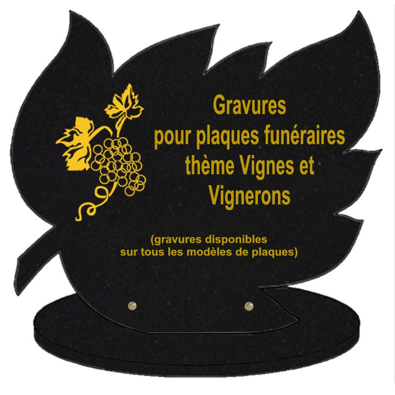 PLAQUE FUNÉRAIRE FEUILLE GRANIT SUR SOCLE VIGNES VIGNERONS