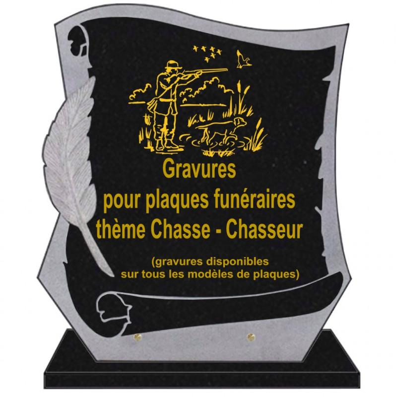 PLAQUE FUNÉRAIRE PARCHEMIN GRANIT SUR SOCLE CHASSE CHASSEURS