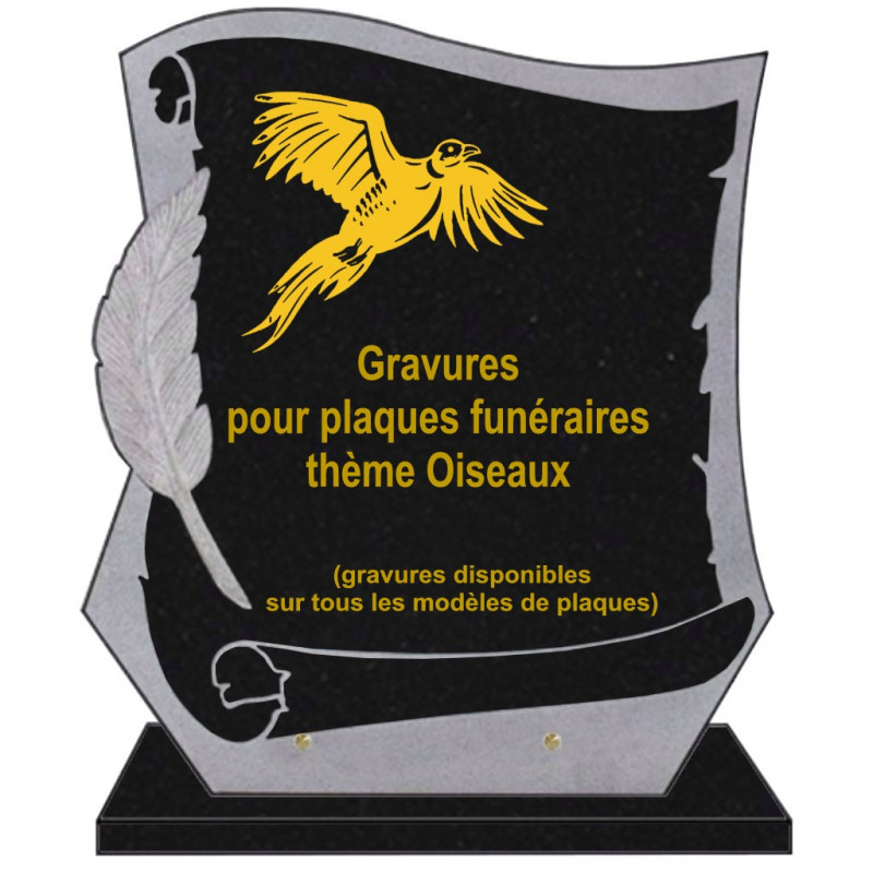 PLAQUE FUNÉRAIRE PARCHEMIN GRANIT SUR SOCLE OISEAUX