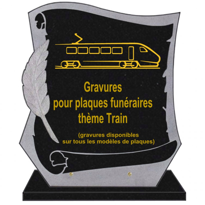 PLAQUE FUNÉRAIRE PARCHEMIN GRANIT SUR SOCLE TRAINS