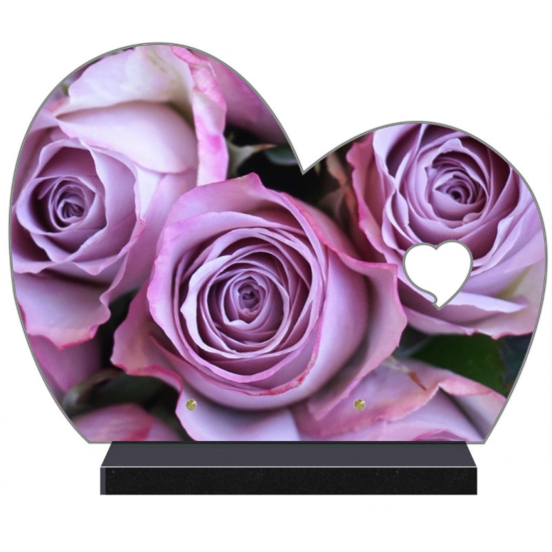 PLAQUE FUNÉRAIRE DEMI COEUR ROSES MAUVES FPF2230