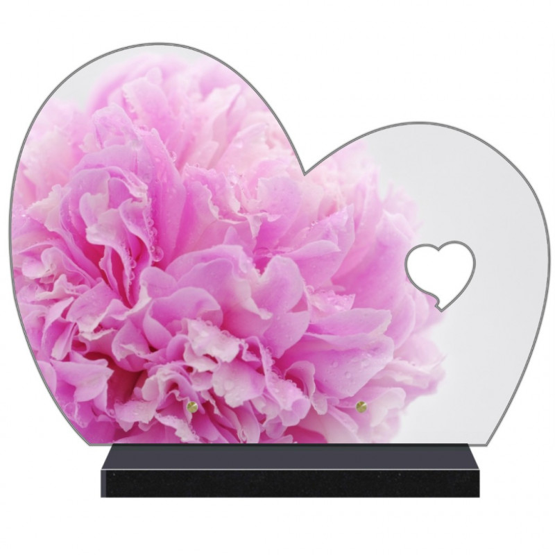 PLAQUE FUNÉRAIRE DEMI COEUR FLEURS PIVOINE ROSE FPF2267