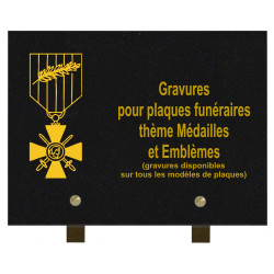 PLAQUE FUNÉRAIRE 20X30 GRANIT MÉDAILLES ET EMBLÈMES SUR PIEDS