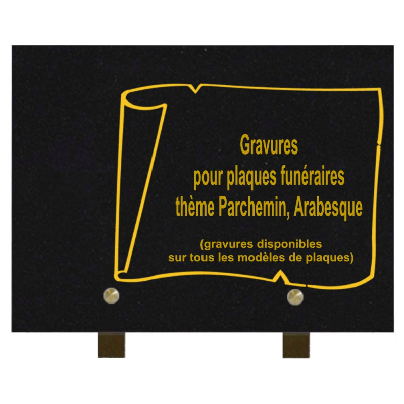 PLAQUE FUNÉRAIRE 20X30 GRANIT PARCHEMINS ET ARABESQUES SUR PIEDS