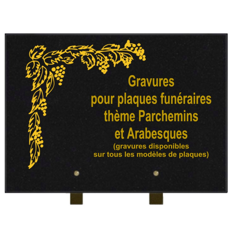 PLAQUE FUNÉRAIRE 25X35 PARCHEMINS ET ARABESQUES GRANIT SUR PIEDS